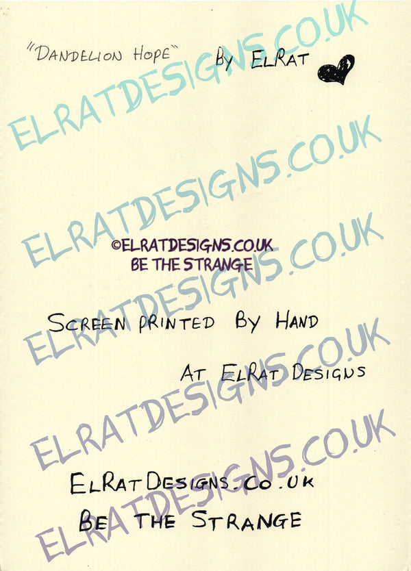 Hand drawn by ElRat, Kristin Hersh, Dandelion Hope Original Art Print. KH Logo in Blue, with Hand drawn human hanging on dandelion seed. Only from ElRat Designs - hero - elratdesigns.co.uk