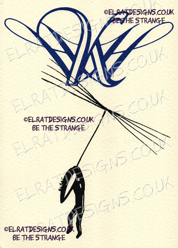 Hand drawn by ElRat, Kristin Hersh, Dandelion Hope Original Art Print. KH Logo in Blue, with Hand drawn human hanging on dandelion seed. Only from ElRat Designs - hero - elratdesigns.co.uk