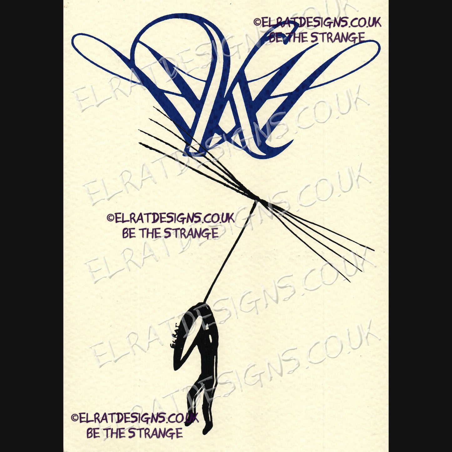 Hand drawn by ElRat, Kristin Hersh, Dandelion Hope Original Art Print. KH Logo in Blue, with Hand drawn human hanging on dandelion seed. Only from ElRat Designs - gallery-skip - elratdesigns.co.uk