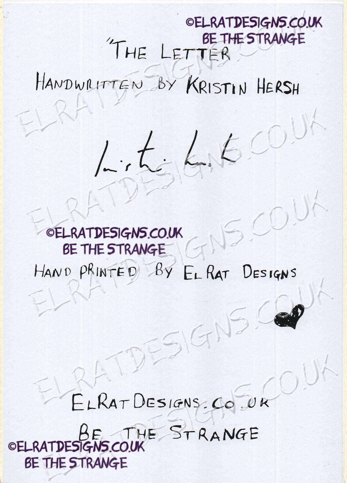 Kristin Hersh "The Letter" complete song lyrics Handwritten by Kristin Hersh, especially for ElRat Designs to bring you this beautiful print. Hand Printed using Archival ink on 300gsm card. Only from ElRat Designs - elratdesigns.co.uk