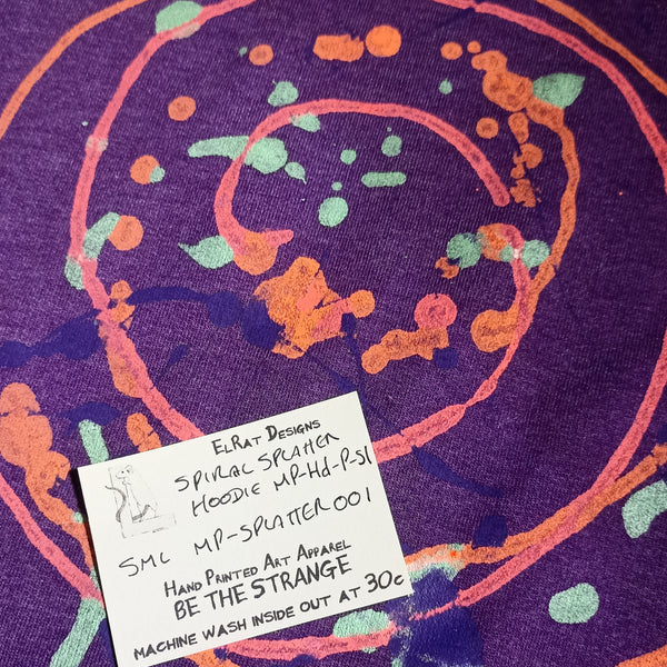 Spiral Splatter Print - Hand printed art Hoodie - Washed Purple Small MP.Hd.P.S1 | ElRat Designs