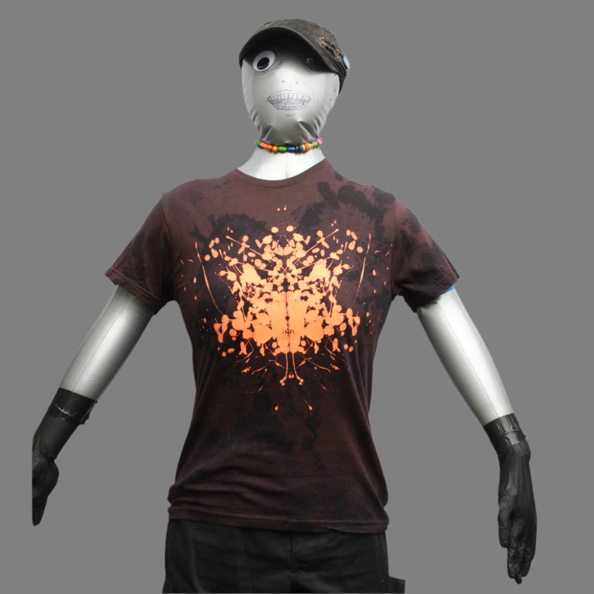 Rorschach, Black Reverse Tie Dye cotton T-Shirt with Fluorescent Orange ink blot  - S #1 (RB RTD Flo S1) ElRat Designs