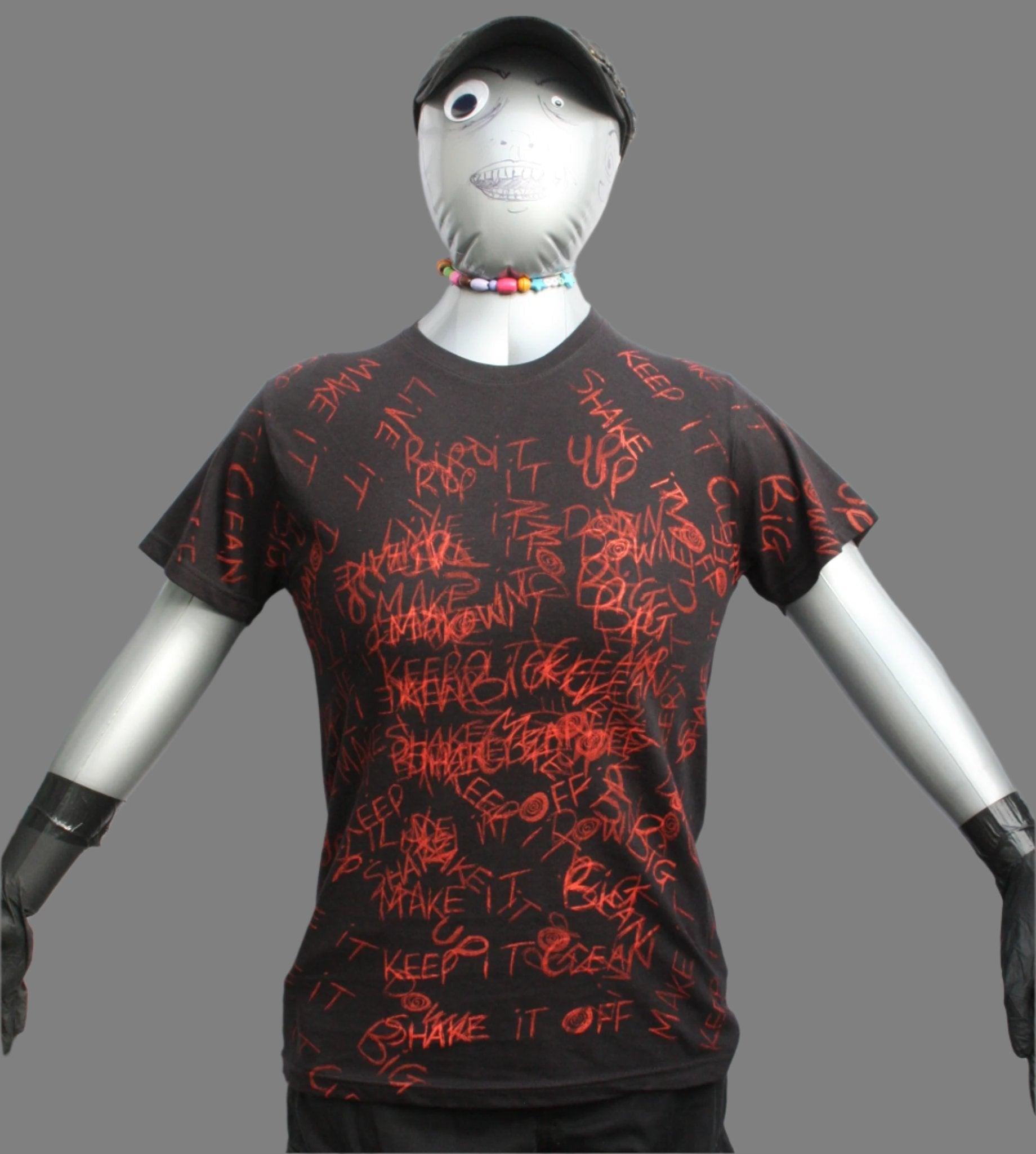 Throwing Muses 'Hook in Her Head' one-of-a-kind messy print t-shirt by ElRat Designs, featuring a hand-printed red graphic on a black shirt.