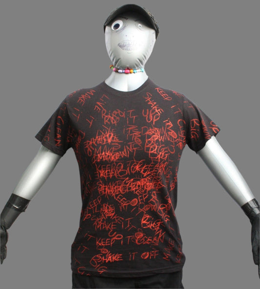 Throwing Muses 'Hook in Her Head' one-of-a-kind messy print t-shirt by ElRat Designs, featuring a hand-printed red graphic on a black shirt.