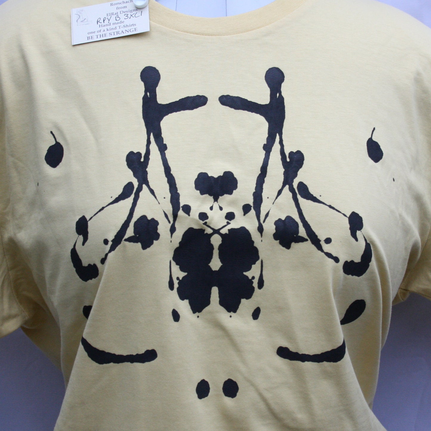 Rorschach, Pale Yellow cotton T-Shirt with Black ink blot  - 3XL #1 (RPY B 3XL1) close up