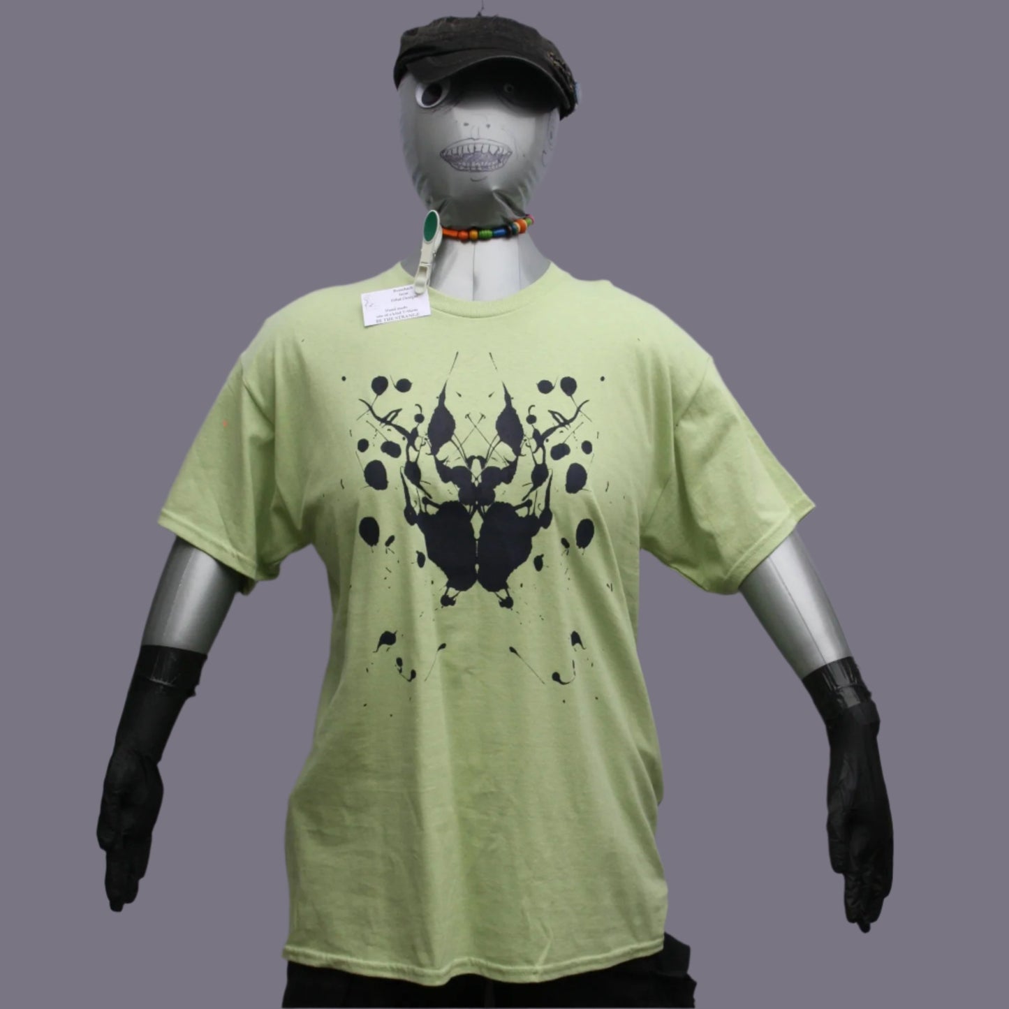 Rorschach, Pistachio green cotton T-Shirt with Black ink blot  - L #2 (RPis B L2)