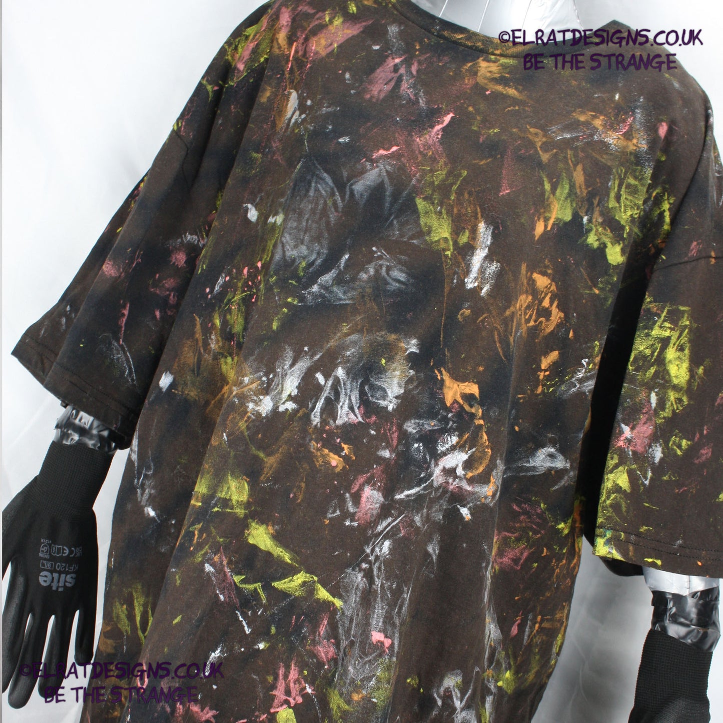 Messy Artist shirt from ElRat Designs - MA Bl RTD 2XL1 - One of a kind eco friendly art shirt. Made using waste ink. Black Shirt with Blue, Yellow and Fluorescent Orange, I think a bit of silver, likely some other colours. Please check the photos This is your shirt - elratdesigns.co.uk