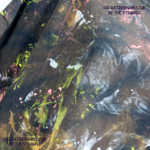 Messy Artist shirt from ElRat Designs - MA Bl RTD 2XL1 - One of a kind eco friendly art shirt. Made using waste ink. Black Shirt with Blue, Yellow and Fluorescent Orange, I think a bit of silver, likely some other colours. Please check the photos This is your shirt - elratdesigns.co.uk