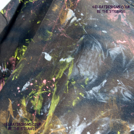 Messy Artist shirt from ElRat Designs - MA Bl RTD 2XL1 - One of a kind eco friendly art shirt. Made using waste ink. Black Shirt with Blue, Yellow and Fluorescent Orange, I think a bit of silver, likely some other colours. Please check the photos This is your shirt - elratdesigns.co.uk