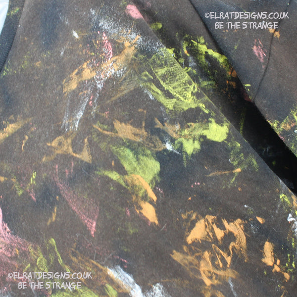 Messy Artist shirt from ElRat Designs - MA Bl RTD 2XL1 - One of a kind eco friendly art shirt. Made using waste ink. Black Shirt with Blue, Yellow and Fluorescent Orange, I think a bit of silver, likely some other colours. Please check the photos This is your shirt - hero - elratdesigns.co.uk