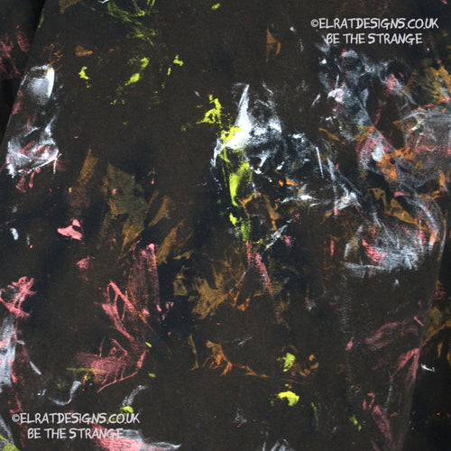 Messy Artist shirt from ElRat Designs - MA Bl RTD 2XL1 - One of a kind eco friendly art shirt. Made using waste ink. Black Shirt with Blue, Yellow and Fluorescent Orange, I think a bit of silver, likely some other colours. Please check the photos This is your shirt - elratdesigns.co.uk