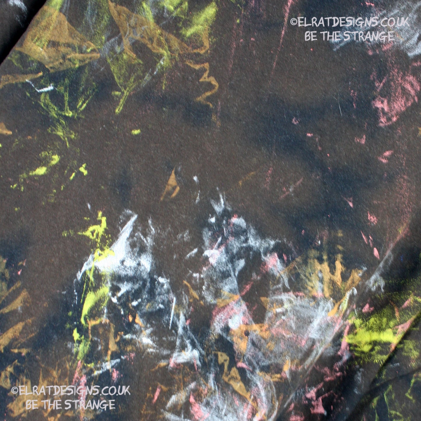 Messy Artist shirt from ElRat Designs - MA Bl RTD 2XL1 - One of a kind eco friendly art shirt. Made using waste ink. Black Shirt with Blue, Yellow and Fluorescent Orange, I think a bit of silver, likely some other colours. Please check the photos This is your shirt - hero - elratdesigns.co.uk