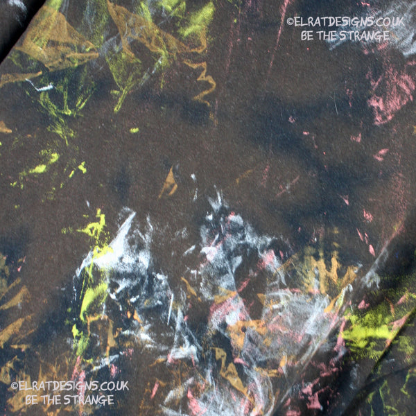 Messy Artist shirt from ElRat Designs - MA Bl RTD 2XL1 - One of a kind eco friendly art shirt. Made using waste ink. Black Shirt with Blue, Yellow and Fluorescent Orange, I think a bit of silver, likely some other colours. Please check the photos This is your shirt - hero - elratdesigns.co.uk