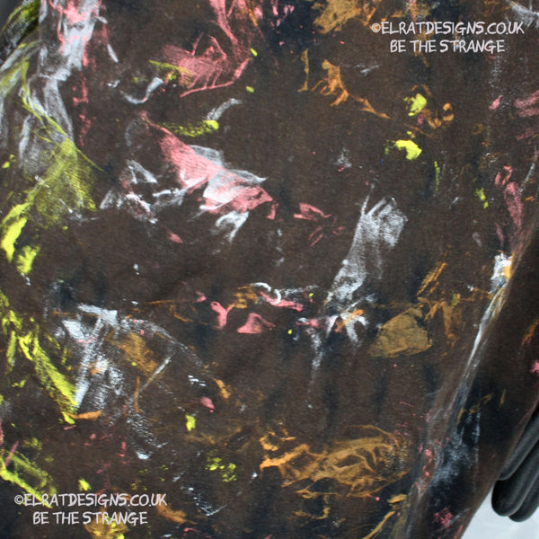 Messy Artist shirt from ElRat Designs - MA Bl RTD 2XL1 - One of a kind eco friendly art shirt. Made using waste ink. Black Shirt with Blue, Yellow and Fluorescent Orange, I think a bit of silver, likely some other colours. Please check the photos This is your shirt - hero - elratdesigns.co.uk