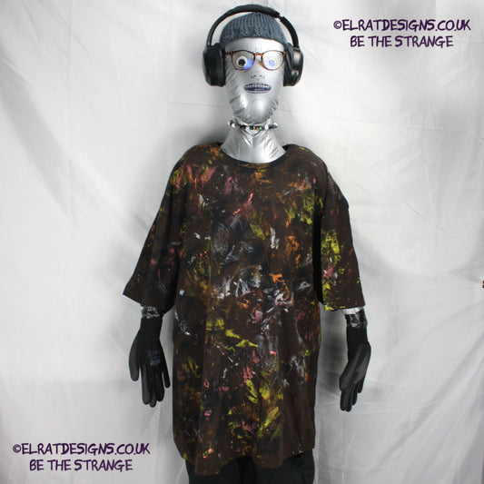 Messy Artist shirt from ElRat Designs - MA Bl RTD 2XL1 - One of a kind eco friendly art shirt. Made using waste ink. Black Shirt with Blue, Yellow and Fluorescent Orange, I think a bit of silver, likely some other colours. Please check the photos This is your shirt - hero - elratdesigns.co.uk