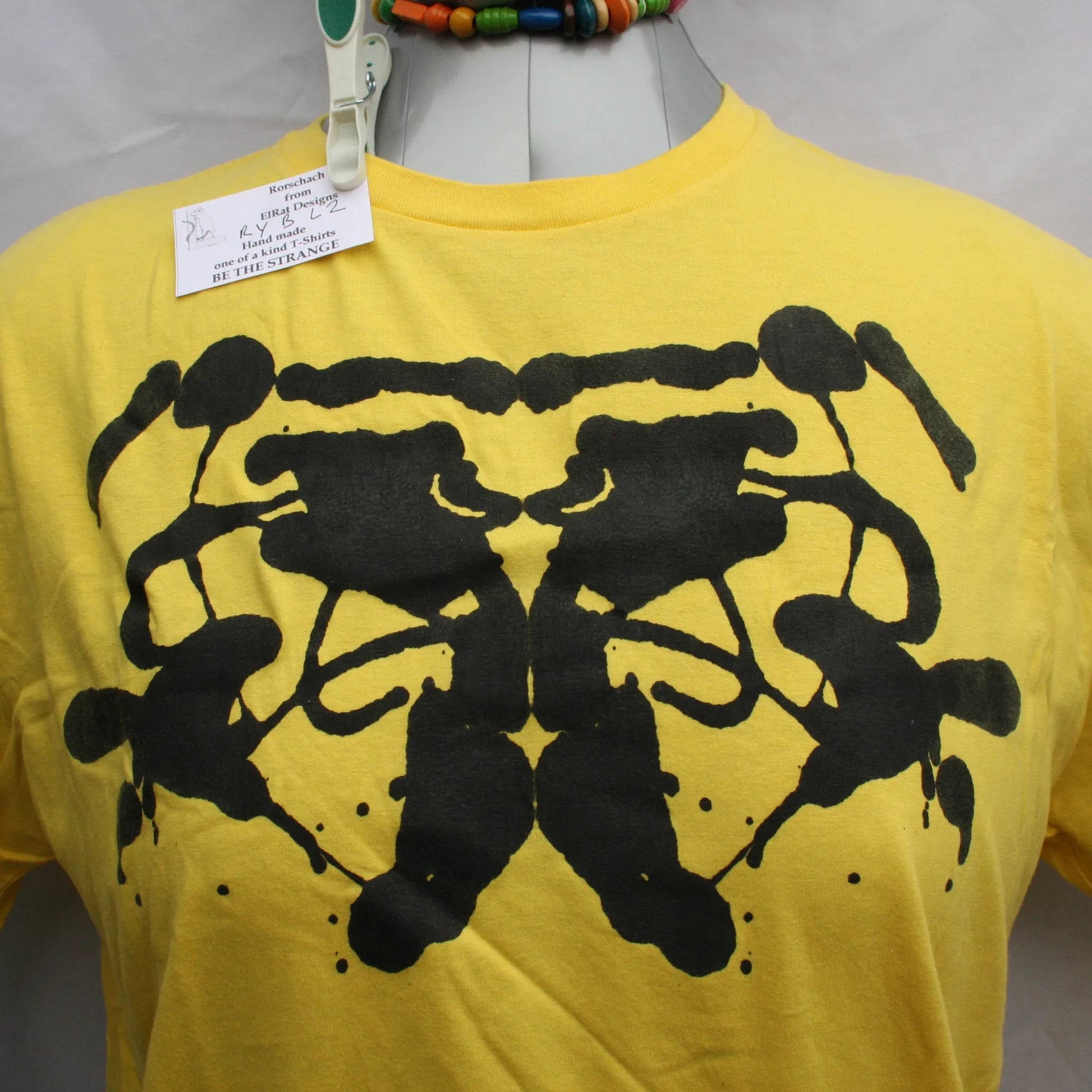 Rorschach, Yellow cotton T-Shirt with Black ink blot - L #2 (RY B L2)