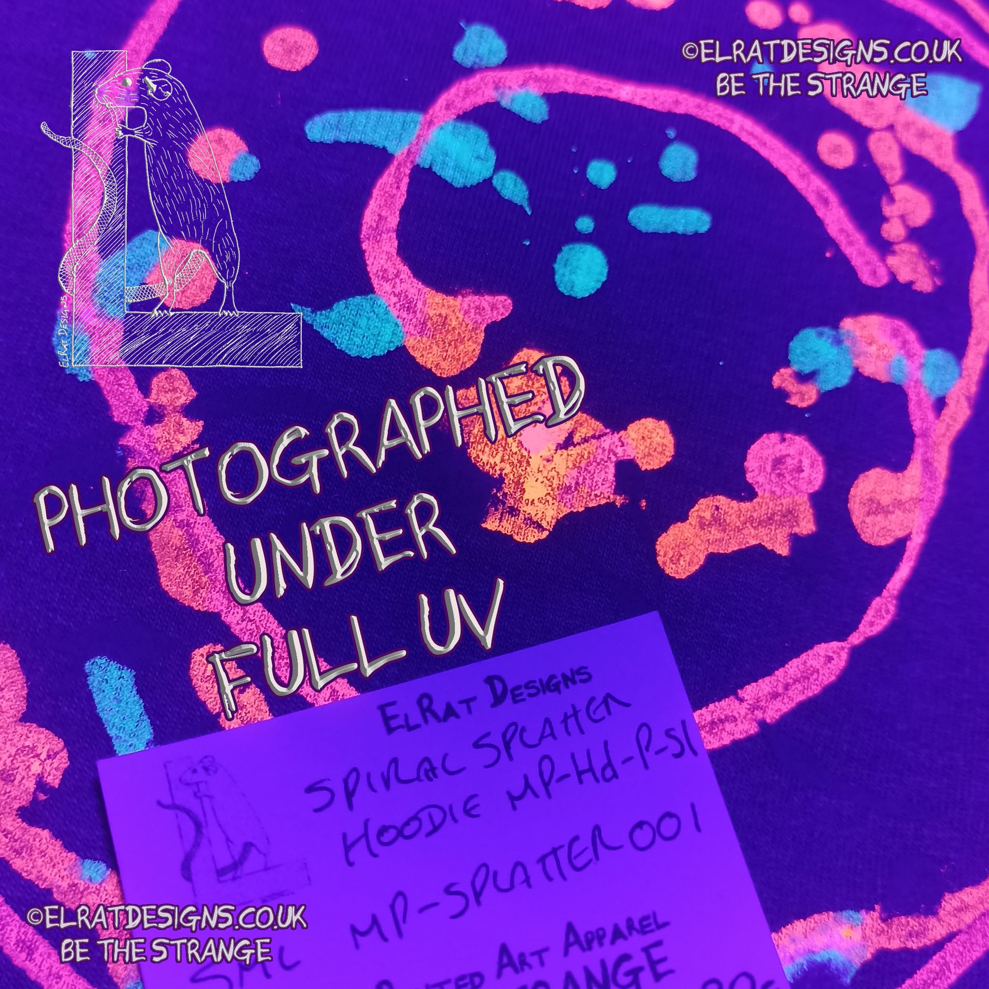 Purple hoodie with a one of a kind Splatter Print spiral SP-MP-Hd-P-S1 using some UV ink, part of a mirrored pair "MC-Splatter001" by ElRat Designs shown under UV light - elratdesigns.co.uk