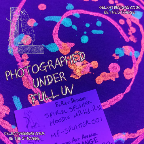 Purple hoodie with a one of a kind Splatter Print spiral SP-MP-Hd-P-S1 using some UV ink, part of a mirrored pair "MC-Splatter001" by ElRat Designs shown under UV light - elratdesigns.co.uk