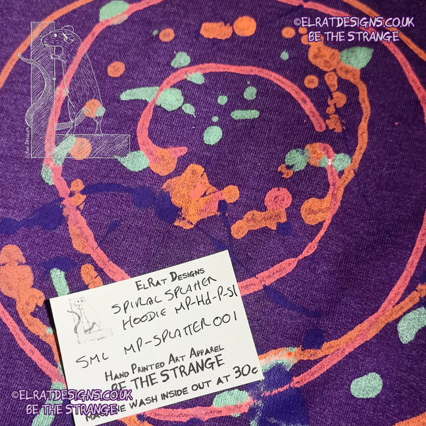 Purple hoodie with a one of a kind Splatter Print spiral SP-MP-Hd-P-S1 using some UV ink, part of a mirrored pair "MC-Splatter001" by ElRat Designs - elratdesigns.co.uk