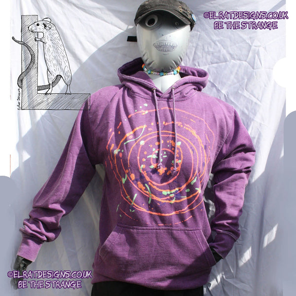 Purple hoodie with a one of a kind Splatter Print spiral SP-MP-Hd-P-S1 using some UV ink, part of a mirrored pair "MC-Splatter001" by ElRat Designs - elratdesigns.co.uk