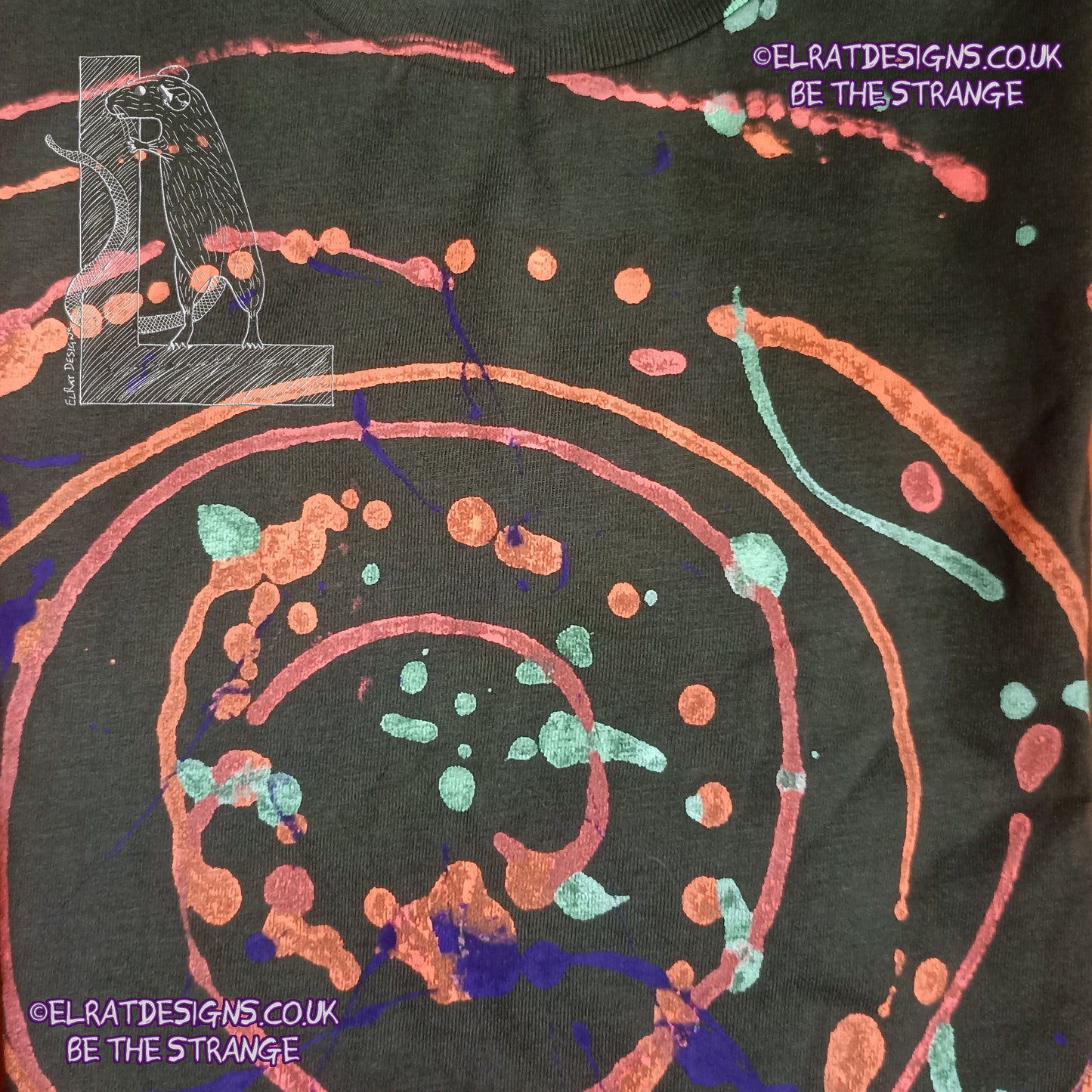 a one of a kind Spiral Splatter Print - Hand printed art shirt - Khaki Xtra Small MP-Kh-XS1 part of a mirrored pair "MC-Splatter001" by ElRat Designs - elratdesigns.co.uk