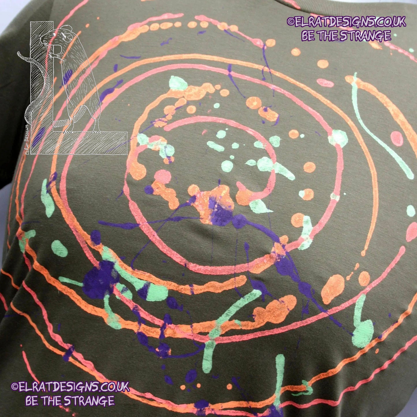 a one of a kind Spiral Splatter Print - Hand printed art shirt - Khaki Xtra Small MP-Kh-XS1 part of a mirrored pair "MC-Splatter001" by ElRat Designs - elratdesigns.co.uk