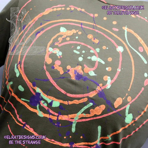 a one of a kind Spiral Splatter Print - Hand printed art shirt - Khaki Xtra Small MP-Kh-XS1 part of a mirrored pair "MC-Splatter001" by ElRat Designs - elratdesigns.co.uk
