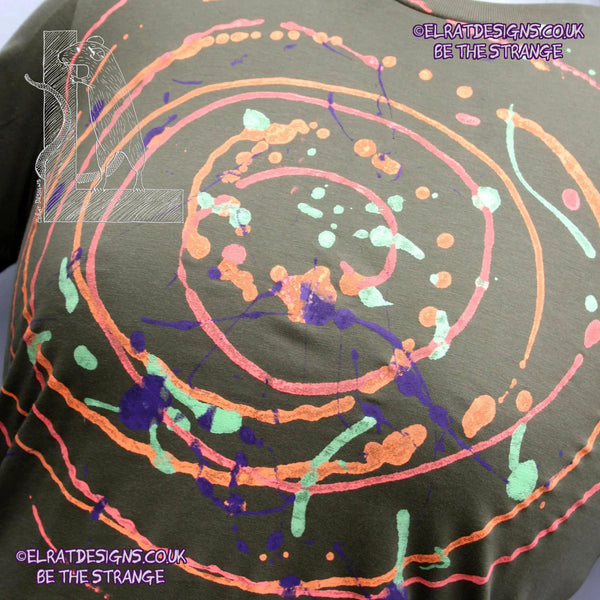 a one of a kind Spiral Splatter Print - Hand printed art shirt - Khaki Xtra Small MP-Kh-XS1 part of a mirrored pair "MC-Splatter001" by ElRat Designs - elratdesigns.co.uk