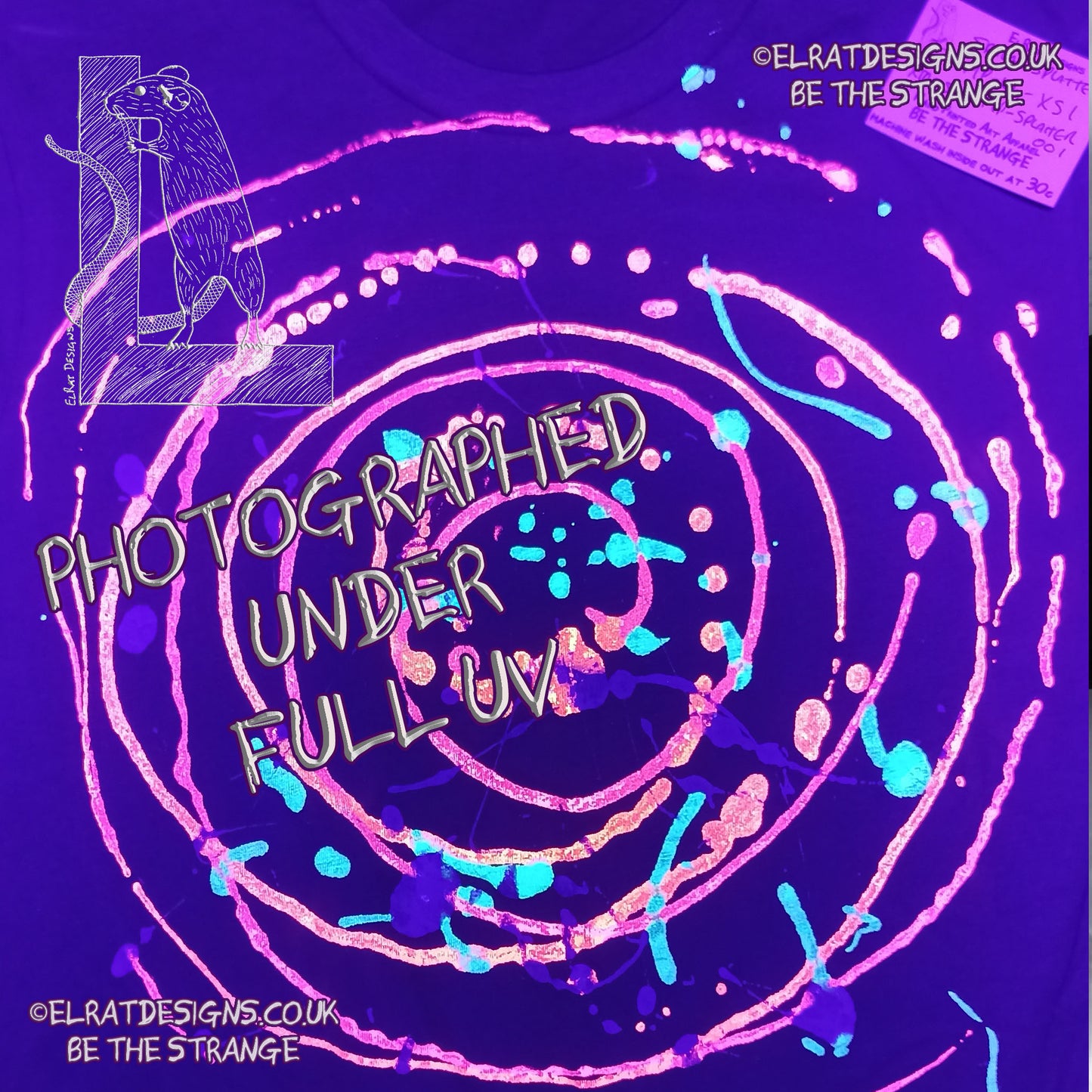 a one of a kind Spiral Splatter Print - Hand printed art shirt - Khaki Xtra Small MP-Kh-XS1 part of a mirrored pair "MC-Splatter001" by ElRat Designs full UV light - elratdesigns.co.uk