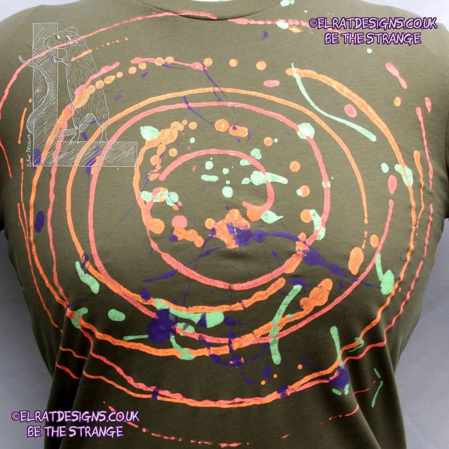 a one of a kind Spiral Splatter Print - Hand printed art shirt - Khaki Xtra Small MP-Kh-XS1 part of a mirrored pair "MC-Splatter001" by ElRat Designs - elratdesigns.co.uk