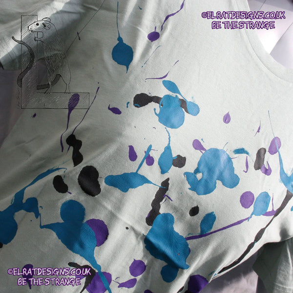 Splatter Print Art Shirt - One of a Kind Hand Printed, Aloe Size Medium SP-SS-Al-M1 | ElRat Designs - elratdesigns.co.uk