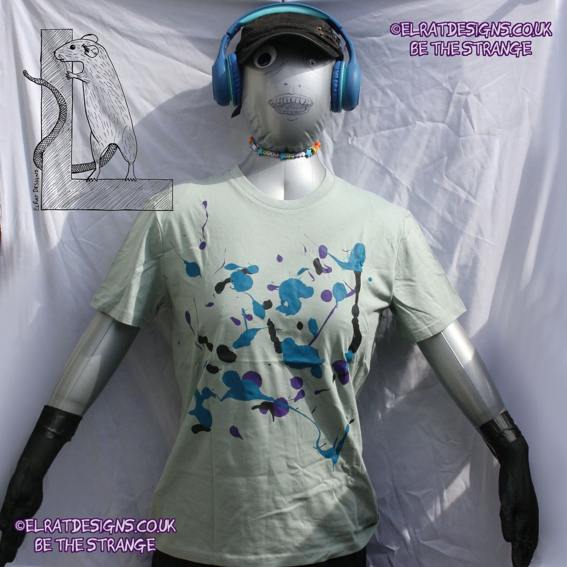 Splatter Print Art Shirt - One of a Kind Hand Printed, Aloe Size Medium SP-SS-Al-M1 | ElRat Designs - elratdesigns.co.uk