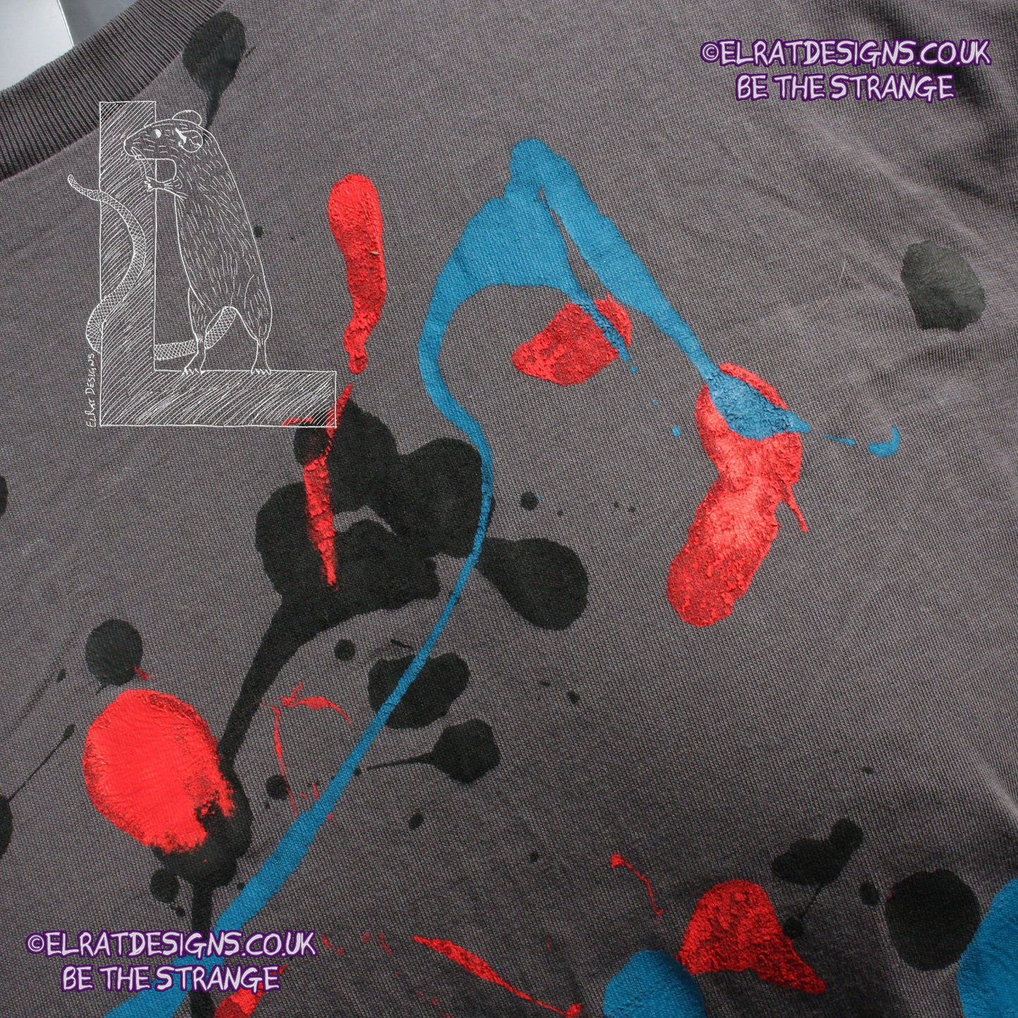 Splatter Print Art Shirt - One of a Kind Hand Printed, Colour Anthracite, Size L, SP-SS-An-L2 | ElRat Designs - elratdesigns.co.uk