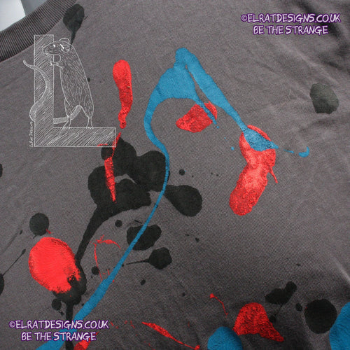 Splatter Print Art Shirt - One of a Kind Hand Printed, Colour Anthracite, Size L, SP-SS-An-L2 | ElRat Designs - elratdesigns.co.uk