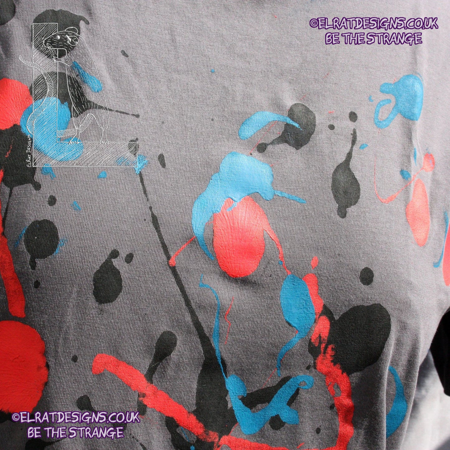 Splatter Print Art Shirt - One of a Kind Hand Printed, Anthracite, Large No1, SP-SS-An-L1  | ElRat Designs - elratdesigns.co.uk