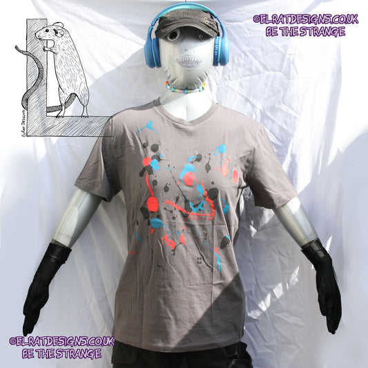 Splatter Print Art Shirt - One of a Kind Hand Printed, Anthracite, Large No1, SP-SS-An-L1  | ElRat Designs - elratdesigns.co.uk