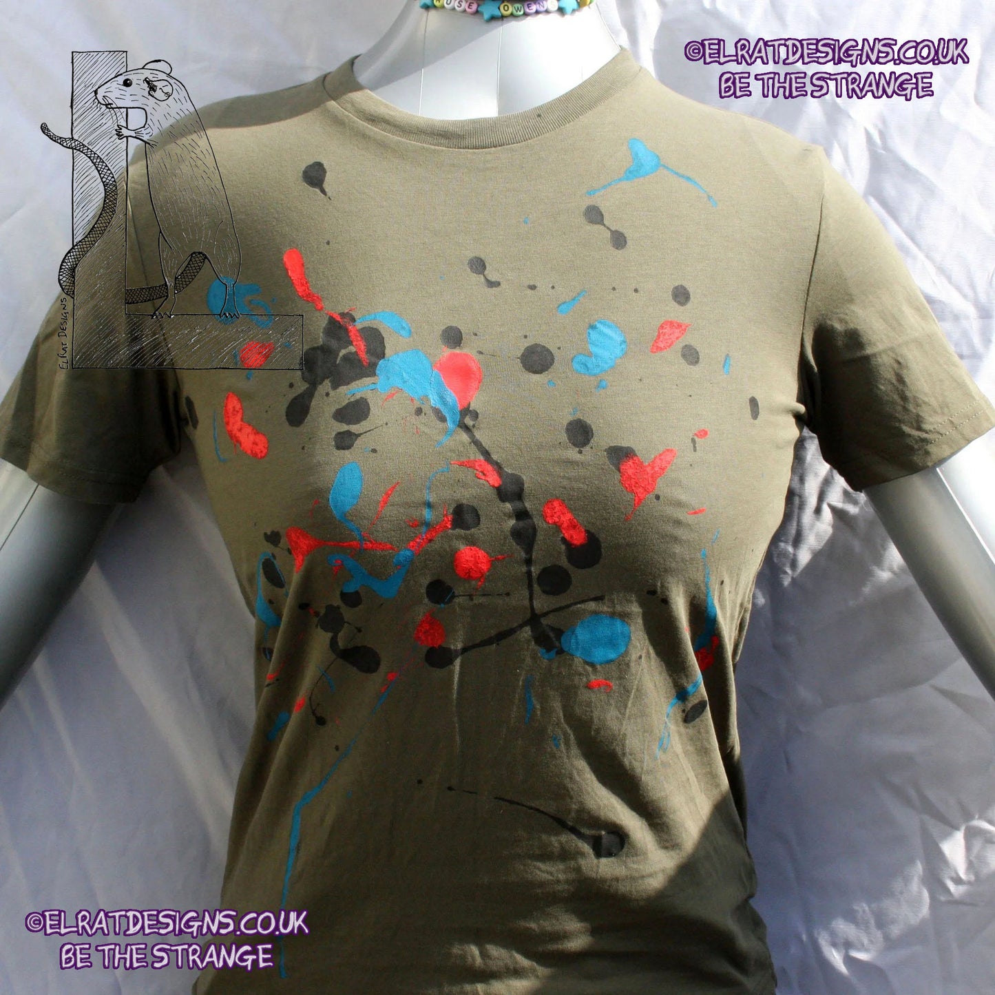 Splatter Print Art Shirt - One of a Kind Hand Printed Khaki Size XS SP.SS.Kh.XS1 | ElRat Designs