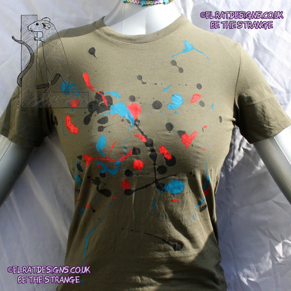 Splatter Print Art Shirt - One of a Kind Hand Printed Khaki Size XS SP.SS.Kh.XS1 | ElRat Designs
