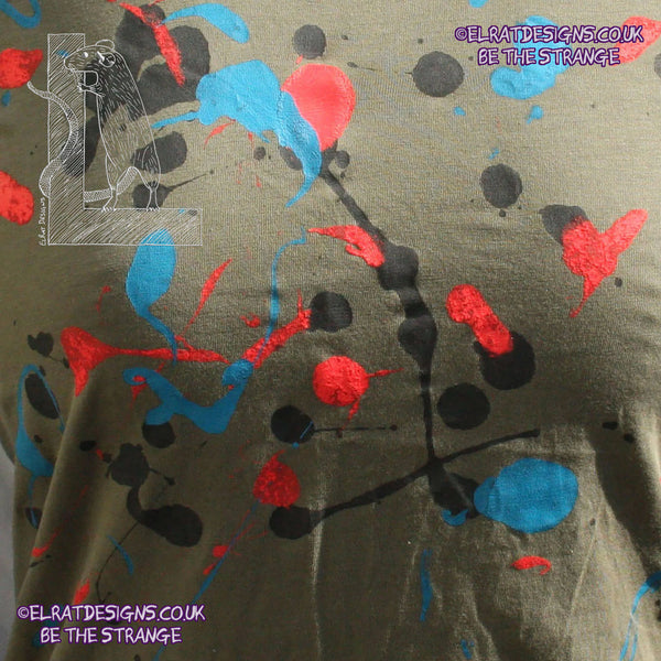 Splatter Print Art Shirt - One of a Kind Hand Printed Khaki Size XS SP.SS.Kh.XS1 | ElRat Designs
