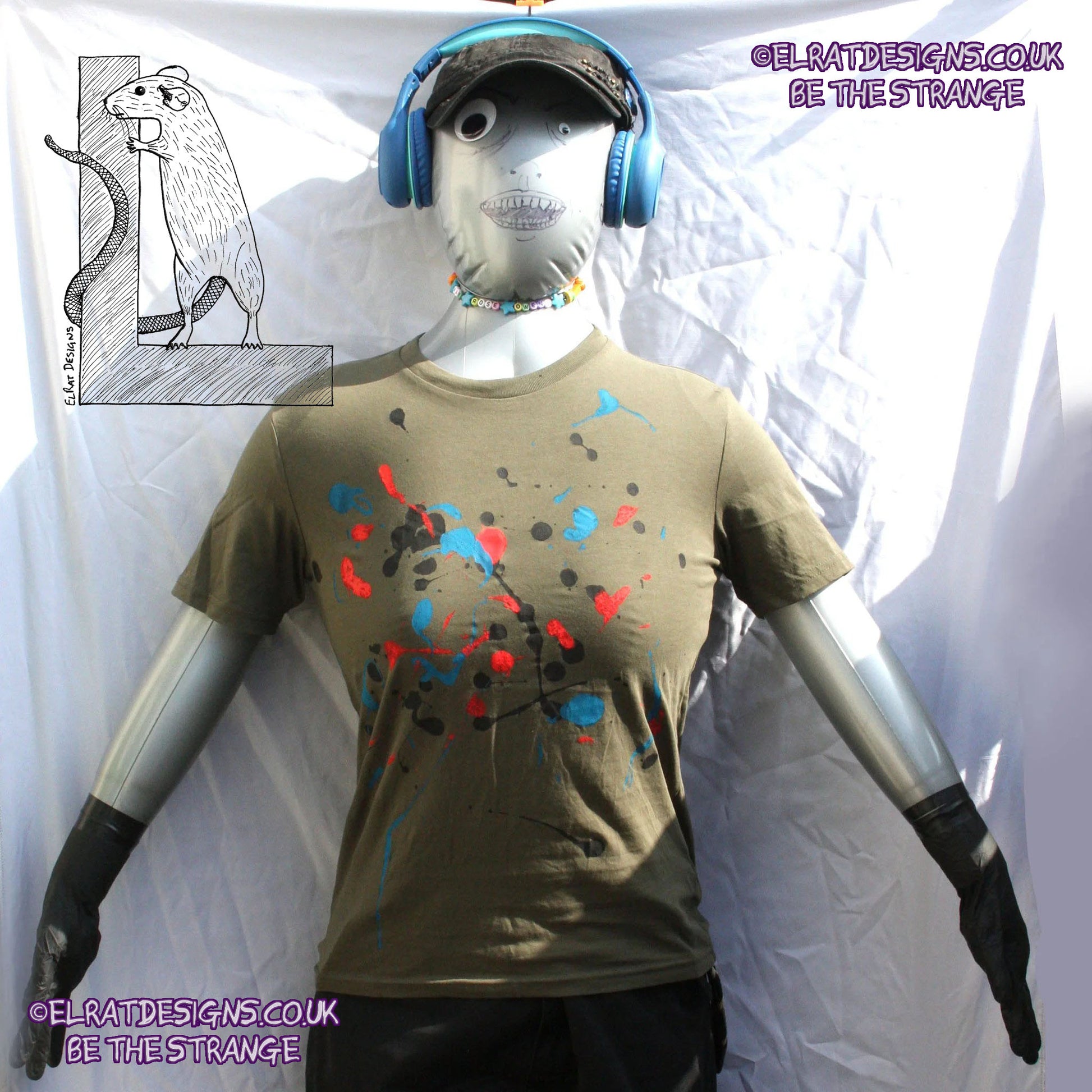 Splatter Print Art Shirt - One of a Kind Hand Printed Khaki Size XS SP.SS.Kh.XS1 | ElRat Designs