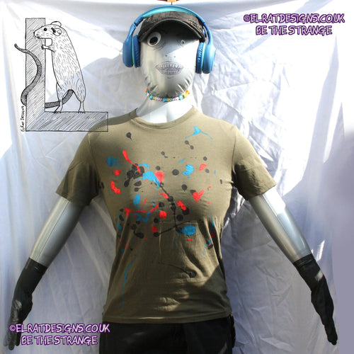 Splatter Print Art Shirt - One of a Kind Hand Printed Khaki Size XS SP.SS.Kh.XS1 | ElRat Designs