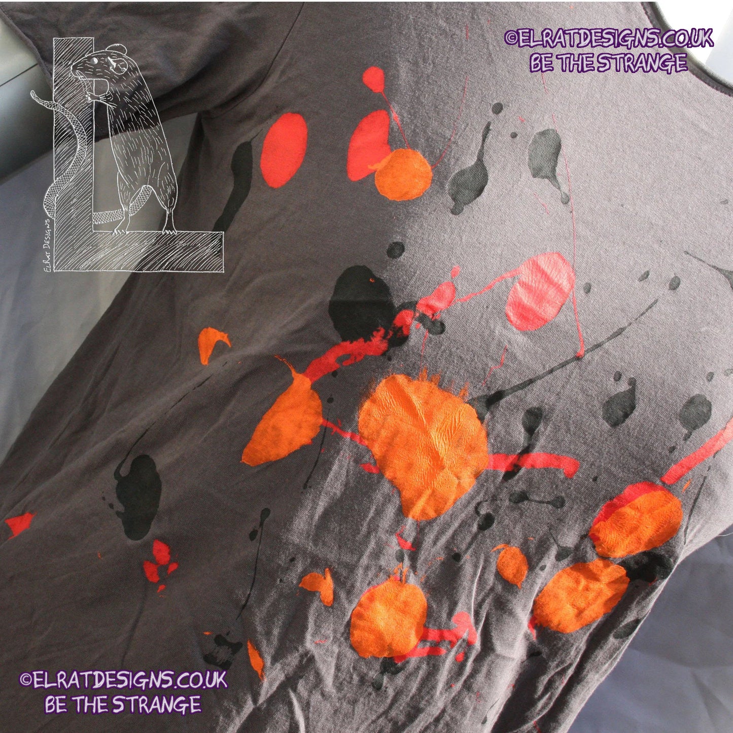 Splatter Print Art Shirt - One of a Kind Hand Printed, Charcoal, Small, SP-SSi-Ch-S1 | ElRat Designs - elratdesigns.co.uk