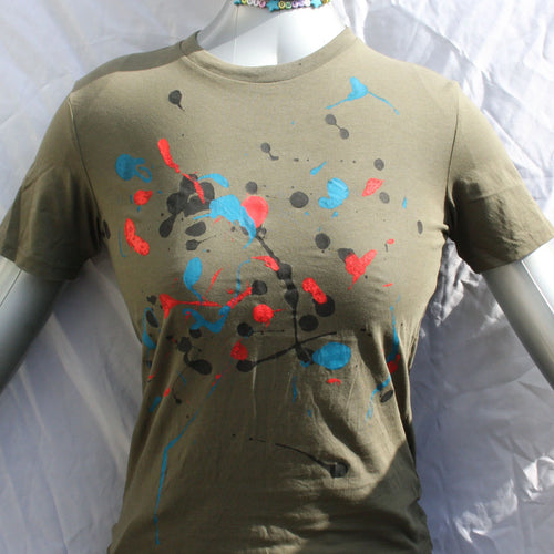 Splatter Print Art Shirt - One of a Kind Hand Printed Khaki Size XS SP.SS.Kh.XS1 | ElRat Designs
