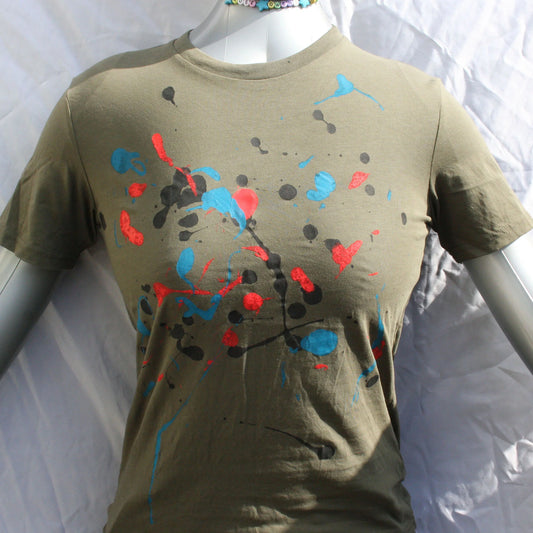 Splatter Print Art Shirt - One of a Kind Hand Printed Khaki Size XS SP.SS.Kh.XS1 | ElRat Designs