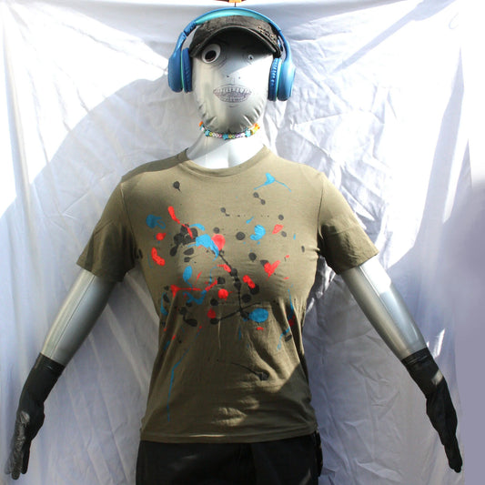 Splatter Print Art Shirt - One of a Kind Hand Printed Khaki Size XS SP.SS.Kh.XS1 | ElRat Designs