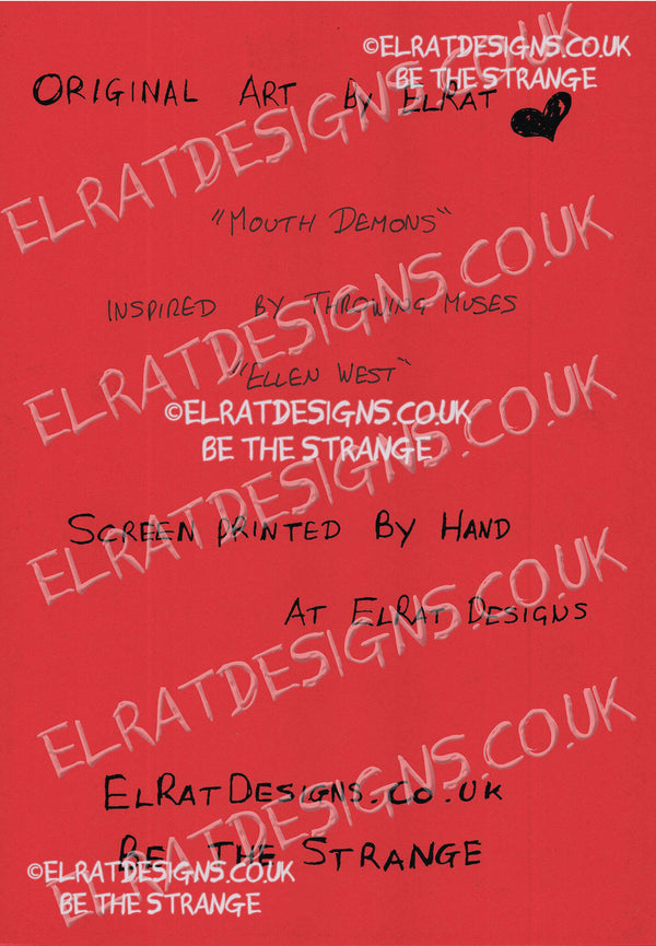 Throwing Muses, Ellen West, Mouth Demons Art Print, hand drawn by ElRat, hand printed by ElRat Designs - hero - elratdesigns.co.uk