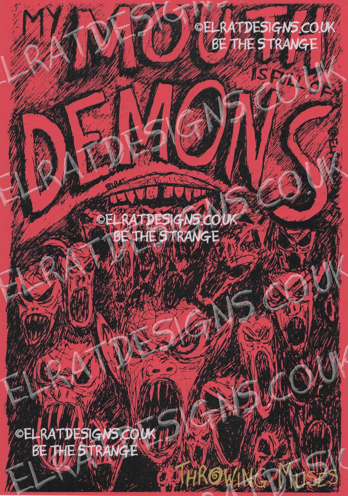 Throwing Muses, Ellen West, Mouth Demons Art Print, hand drawn by ElRat, hand printed by ElRat Designs - hero - elratdesigns.co.uk