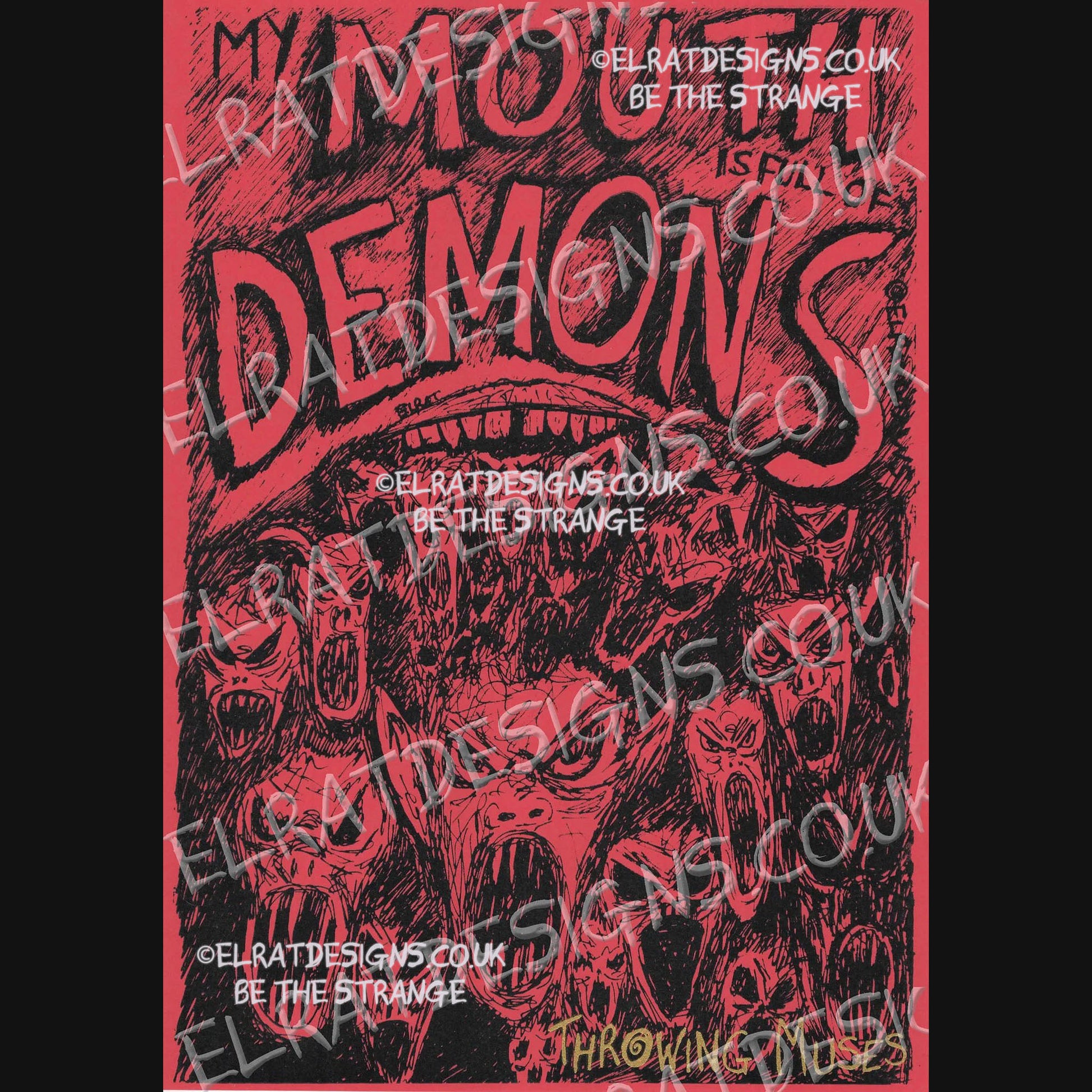 Throwing Muses, Ellen West, Mouth Demons Art Print, hand drawn by ElRat, hand printed by ElRat Designs - gallery-skip - elratdesigns.co.uk