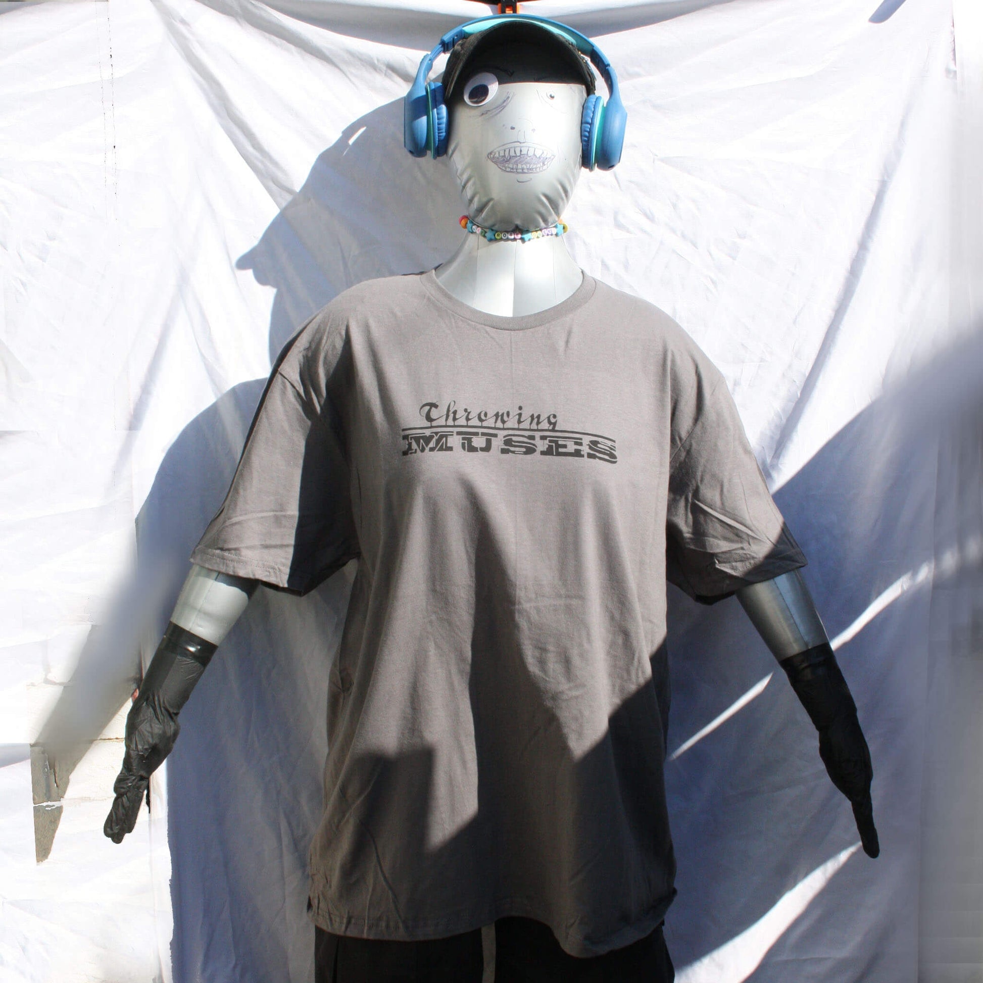Gildan Softstyle charcoal T-shirt, 100% cotton fabric, with Throwing Muses "University" logo in black Ink_full