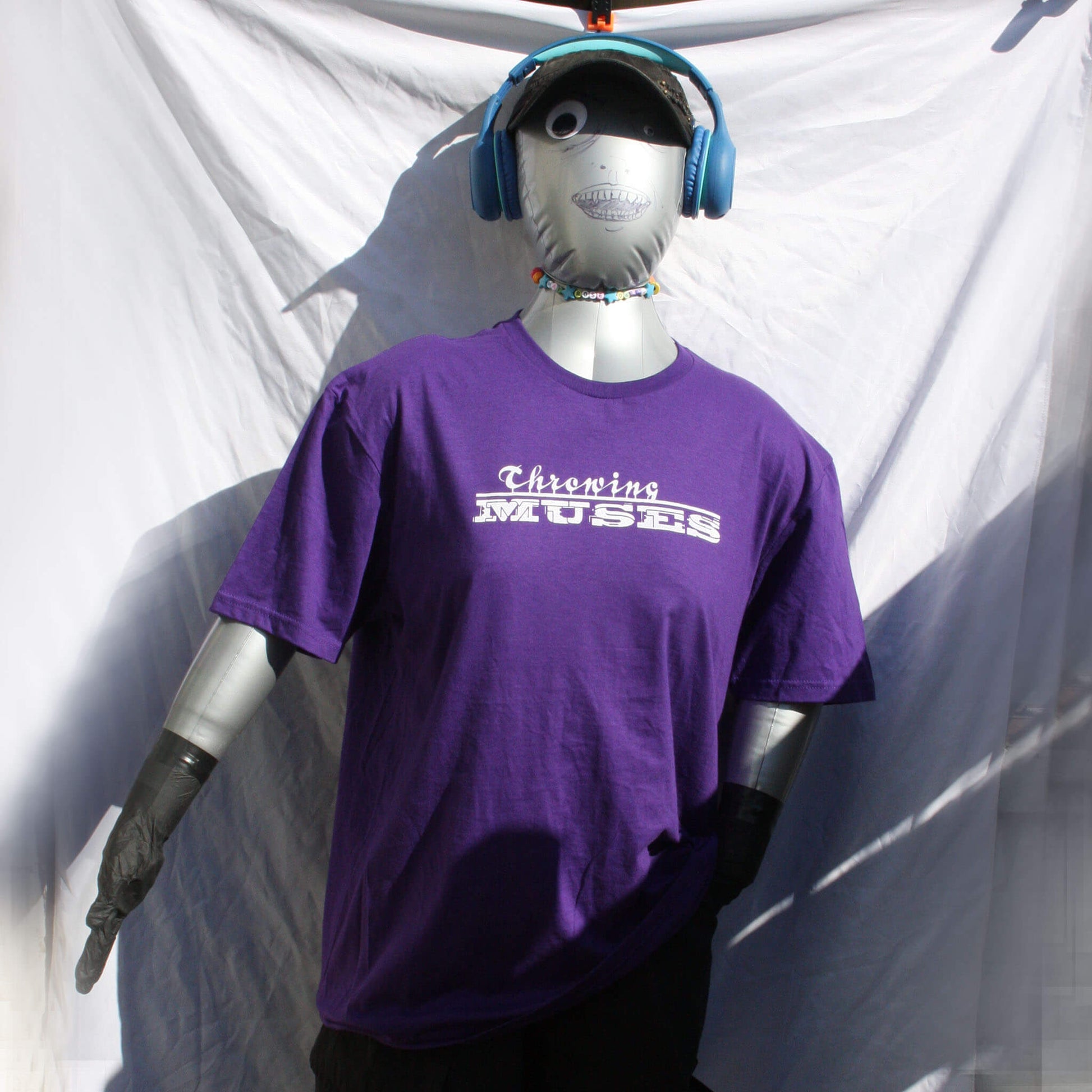 Gildan Softstyle purple T-shirt, 100% cotton fabric, with Throwing Muses "University" logo in white t Ink_full